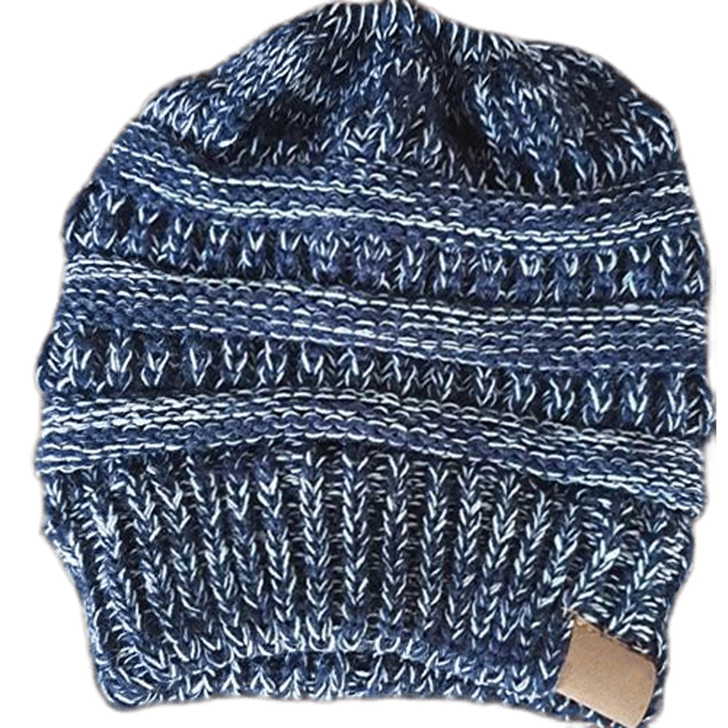 Ponytail Beanie Winter Stretch Cable Knit Hat - Blue and White