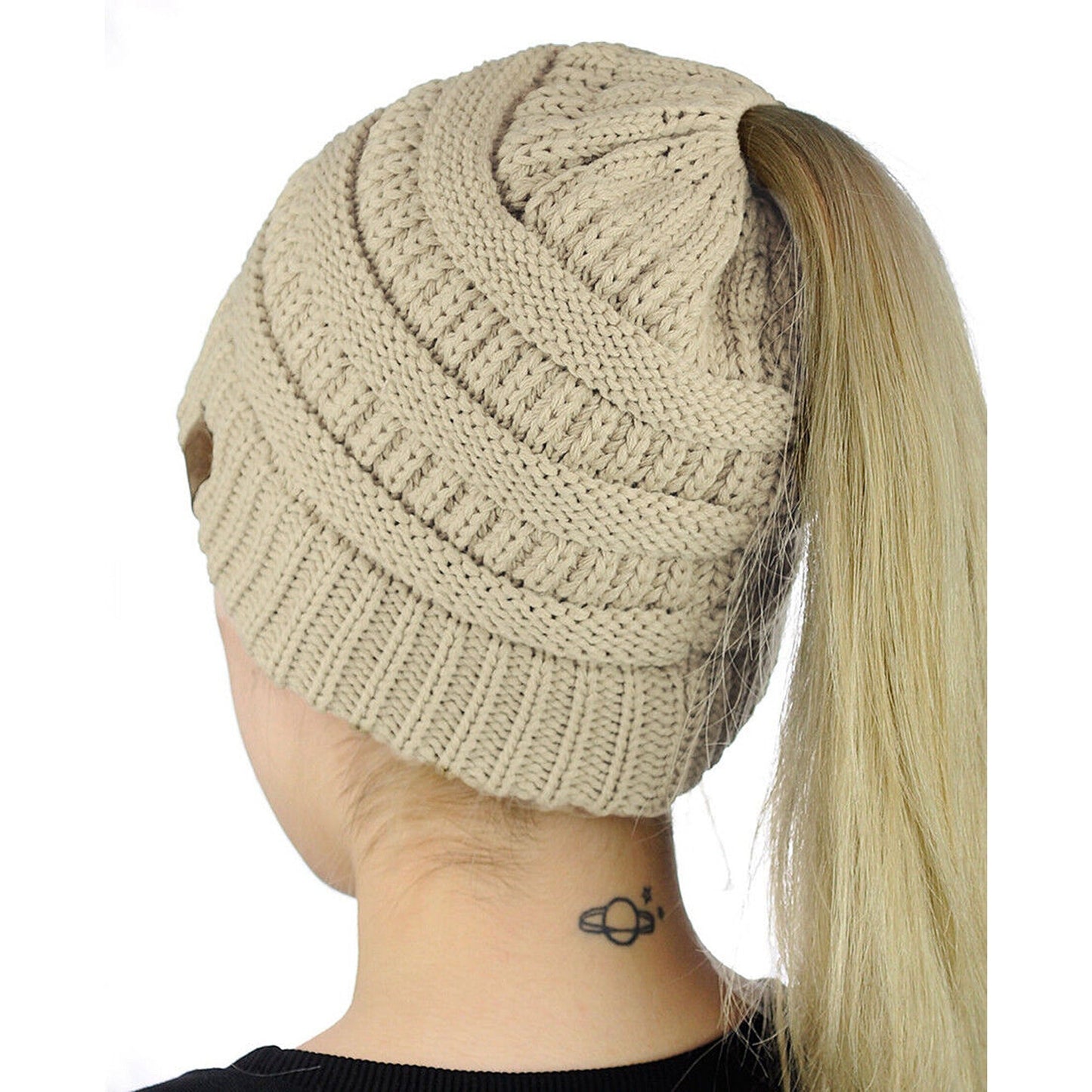 Ponytail Beanie Winter Stretch Cable Knit Hat - Light Brown