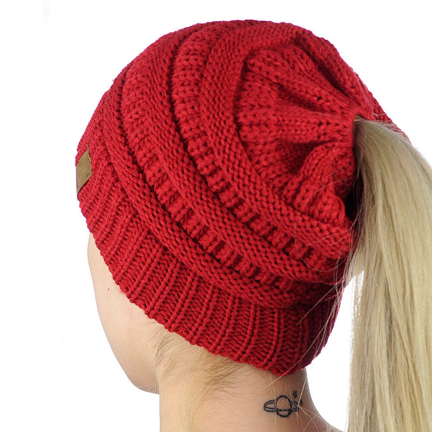 Ponytail Beanie Winter Stretch Cable Knit Hat - Red