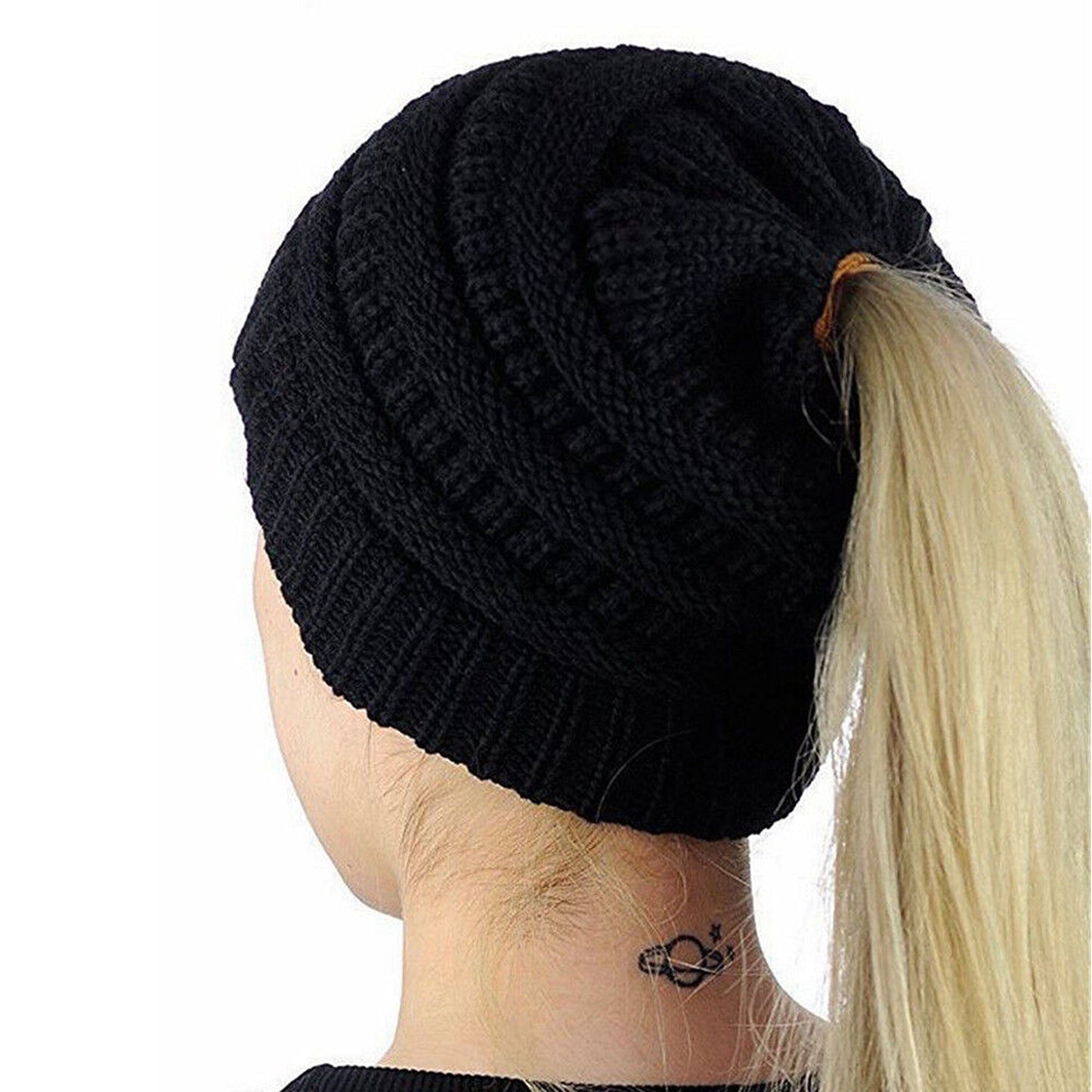 Ponytail Beanie Winter Stretch Cable Knit Hat - Black
