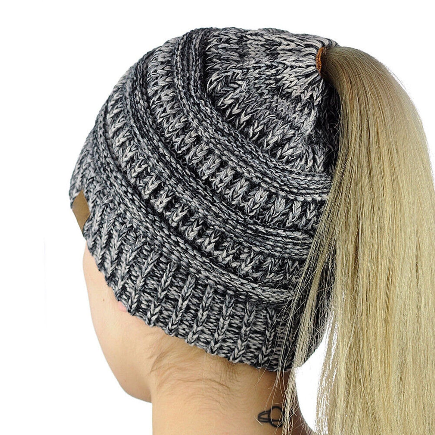 Ponytail Beanie Winter Stretch Cable Knit Hat - Black and White