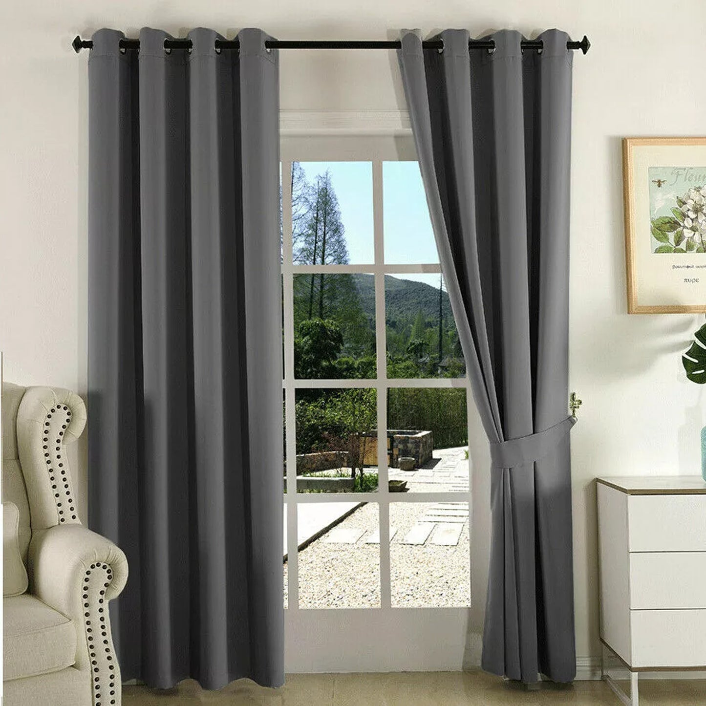 2x Eyelet Blackout Curtains Blockout Drapes for Bedroom Window Pair - Grey