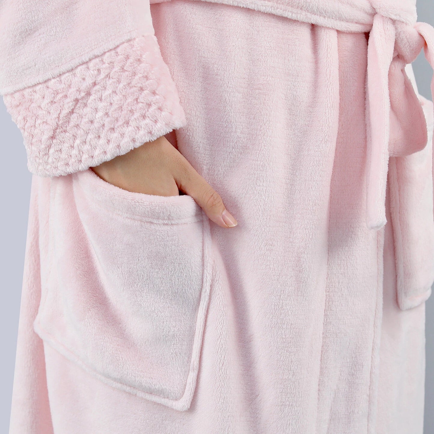 Flannel Fleece Bathrobe for Women and Men Lounge Dressing Gown - Light Pink