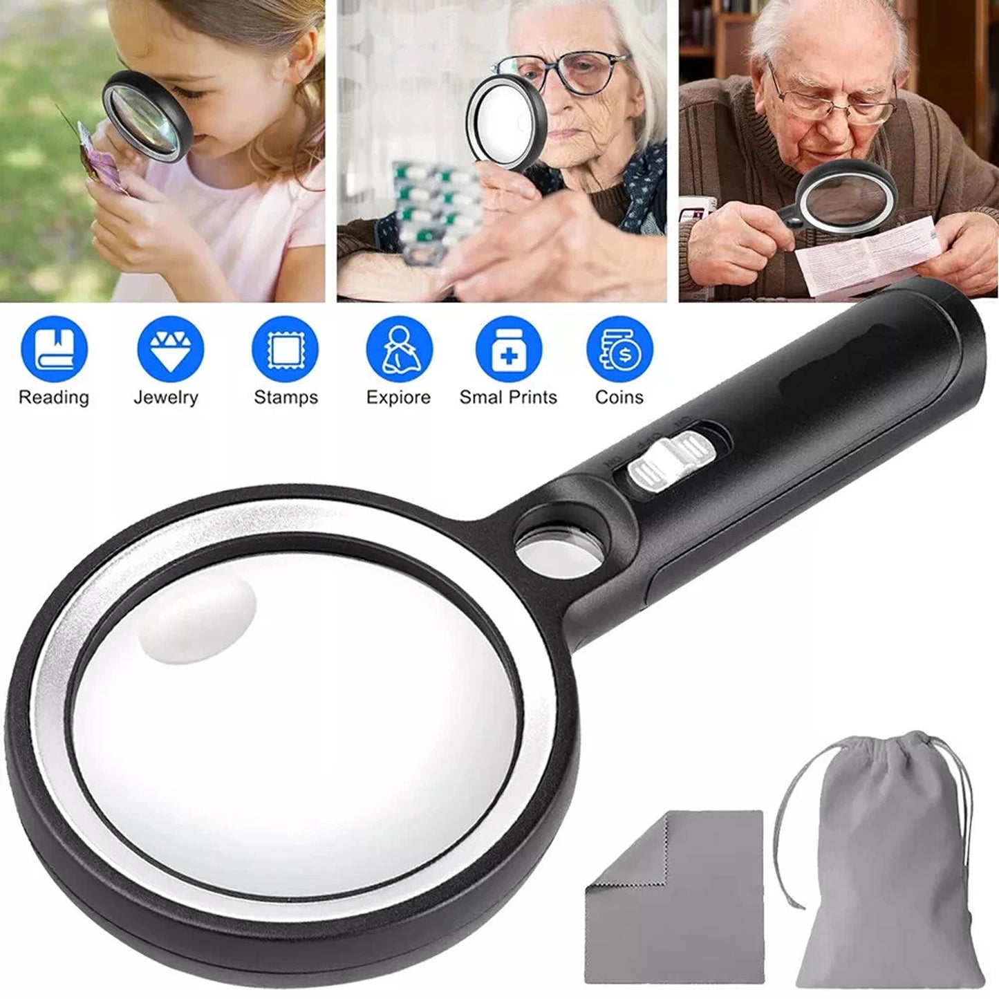 LED Magnifying Glass with 10x 20x 45x Zoom for Reading and Inspection