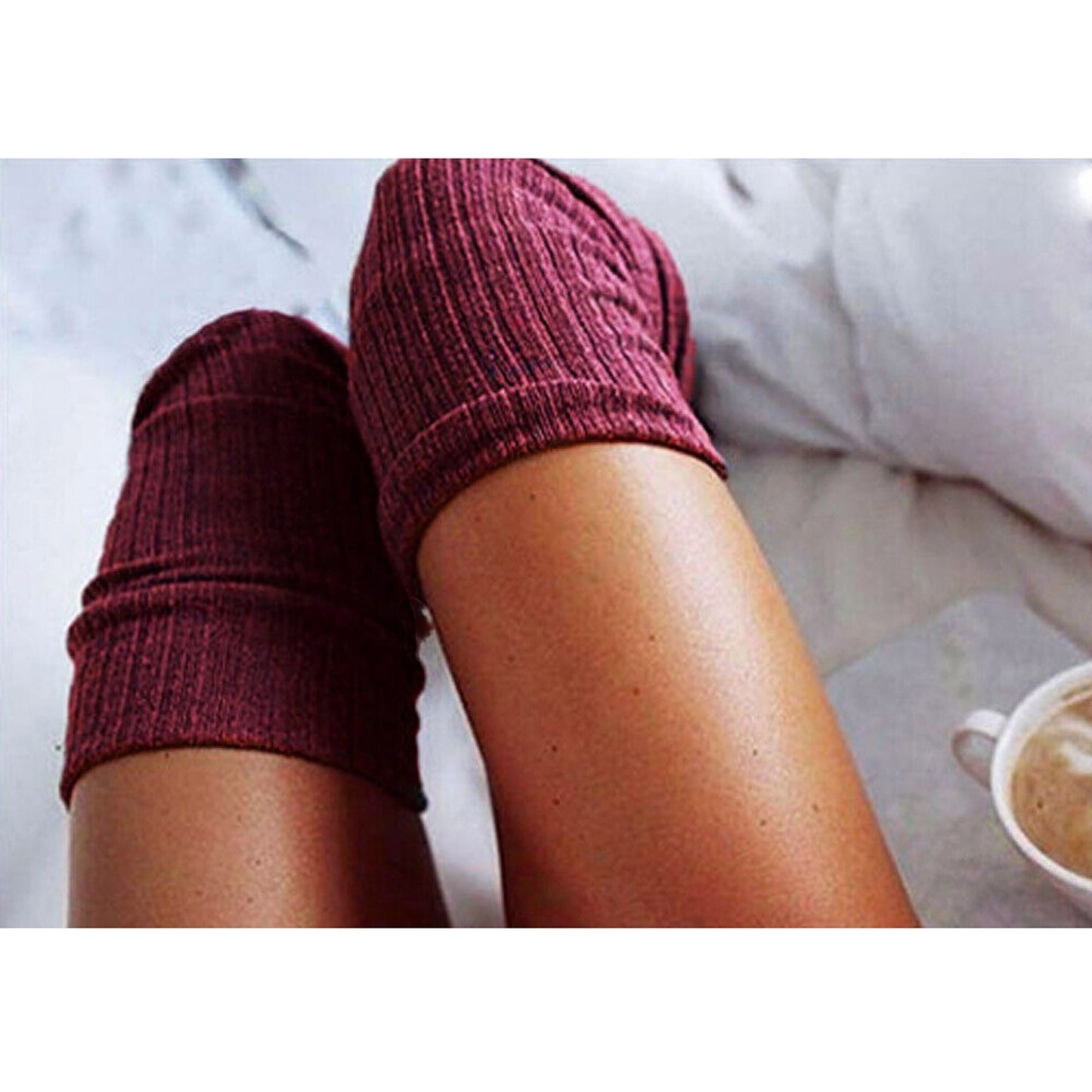 Solid Color Thigh High Socks Cable Knit - Wine Red