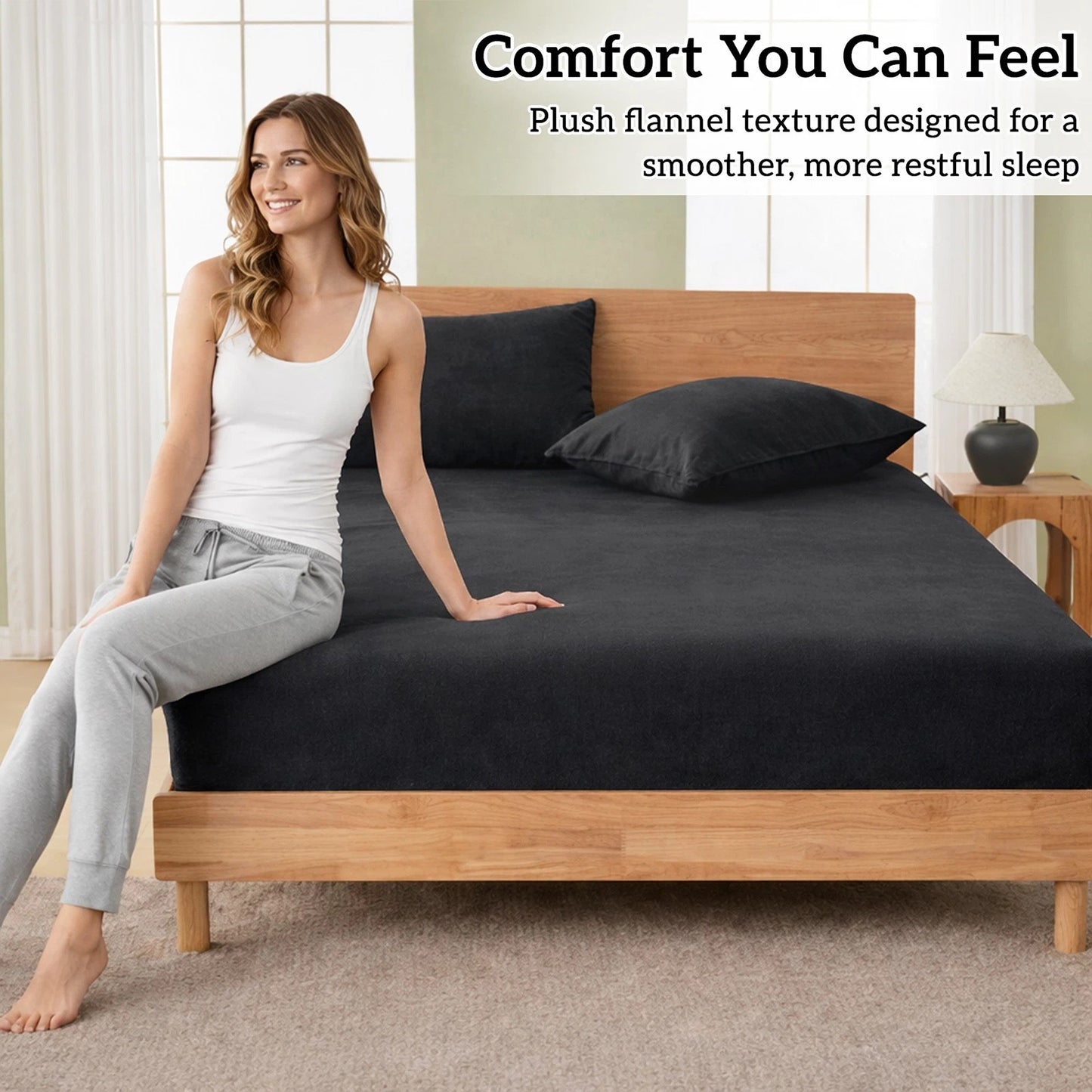 Black Warm Flannelette Fitted Sheet and Pillowcase Set No Flat Sheet