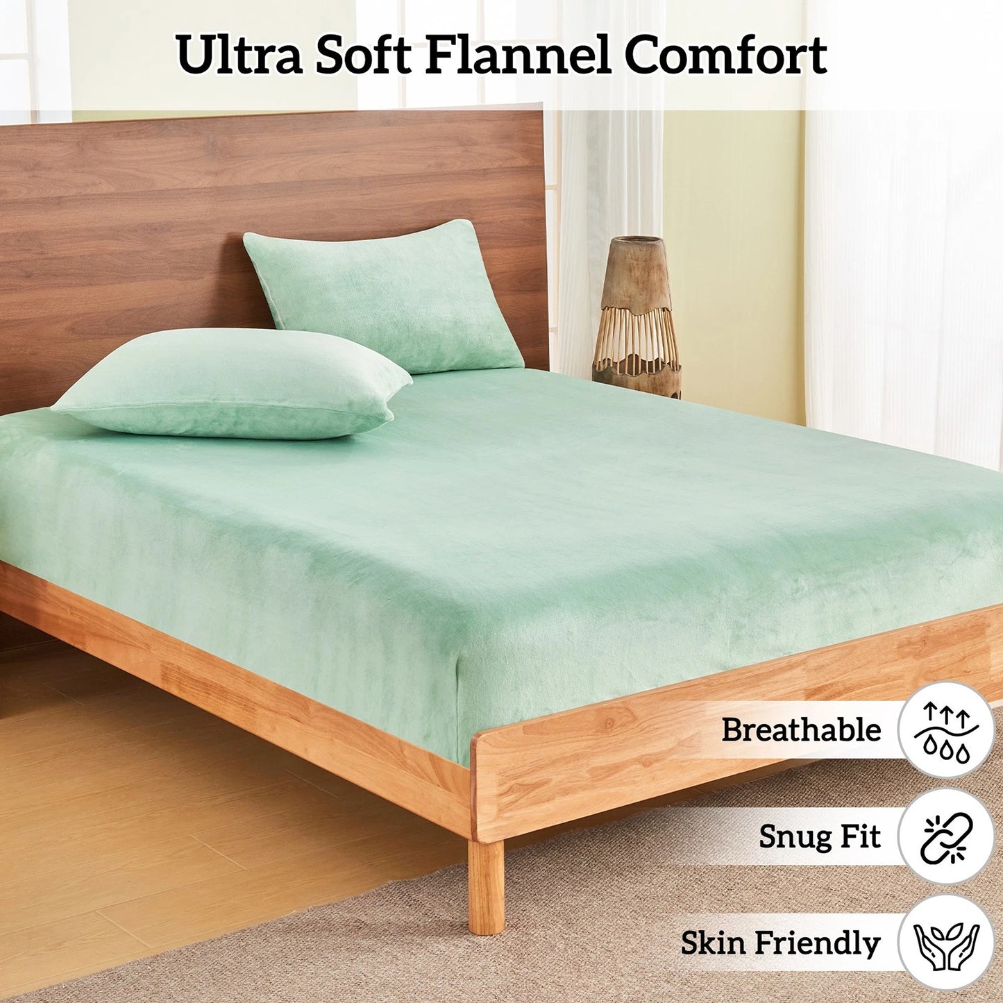Sage Green Warm Flannelette Fitted Sheet and Pillowcase Set No Flat Sheet
