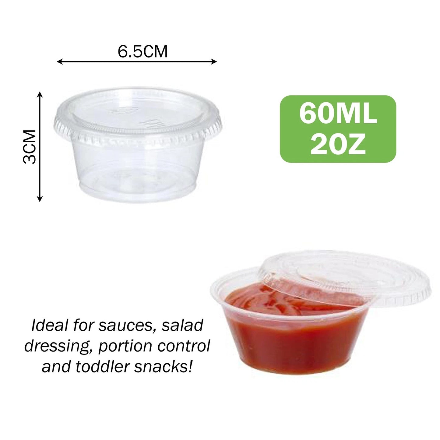 Plastic Sauce Containers with Lids 2oz 60ml Dipping Small Storage - 20pcs