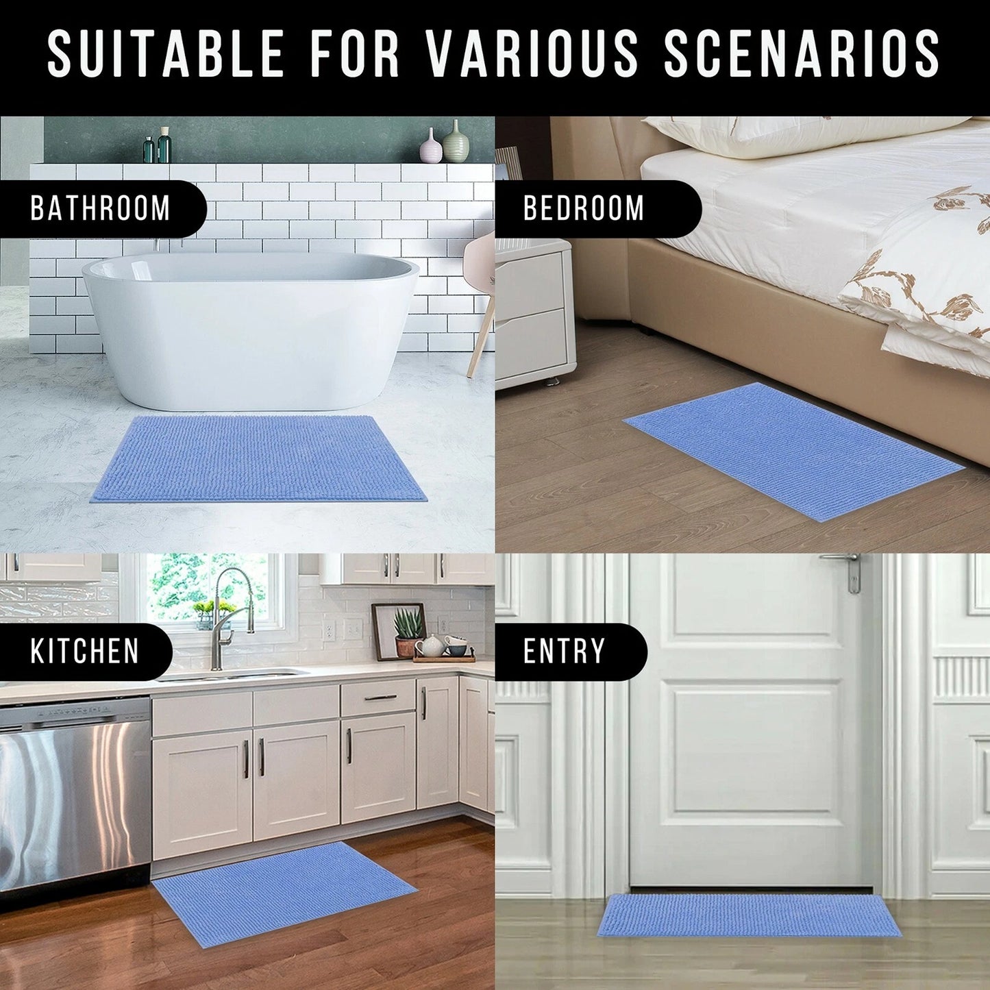 Sky Blue 1200 GSM Chenille Bath Mat and Toilet Mat Set Non Slip