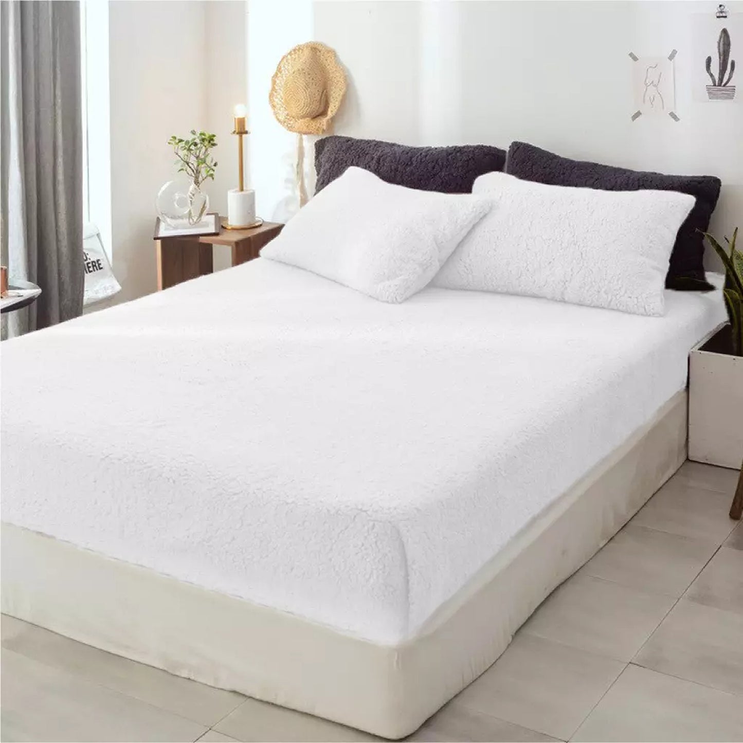 Soft Warm Fleece Fitted Sheet with Pillowcase Teddy Bear Fabric - White