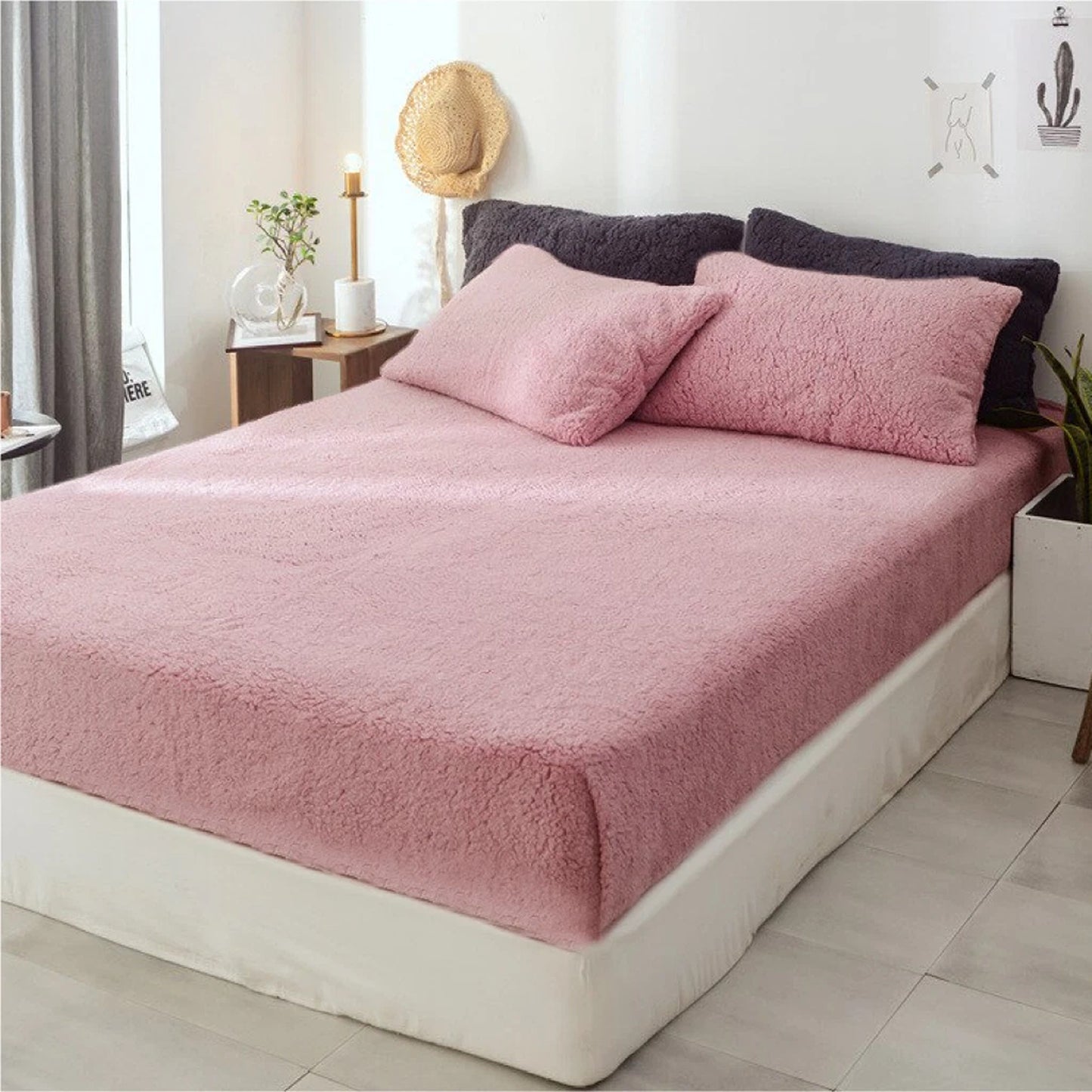 Soft Warm Fleece Fitted Sheet with Pillowcase Teddy Bear Fabric - Blush