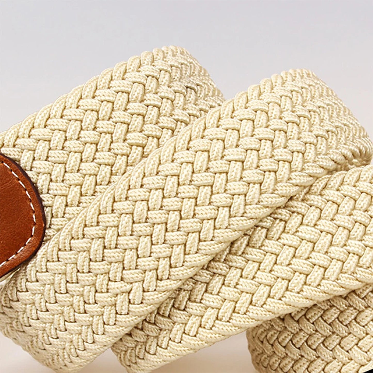 Beige Womens Braided Stretch Waist Belt with Elastic Buckle