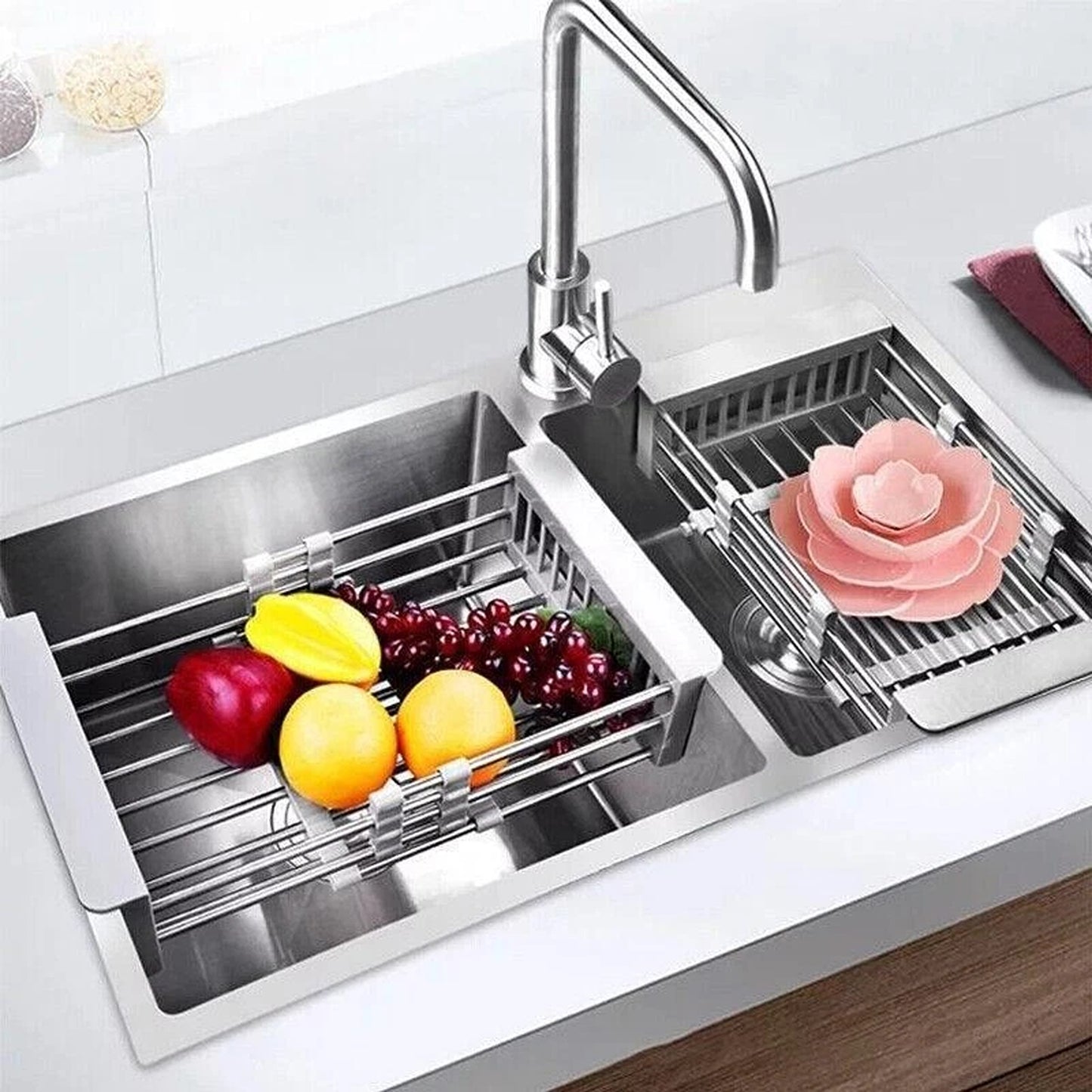 Stainless Steel Sink Drain Basket Dish Drying Rack Kitchen Organizer