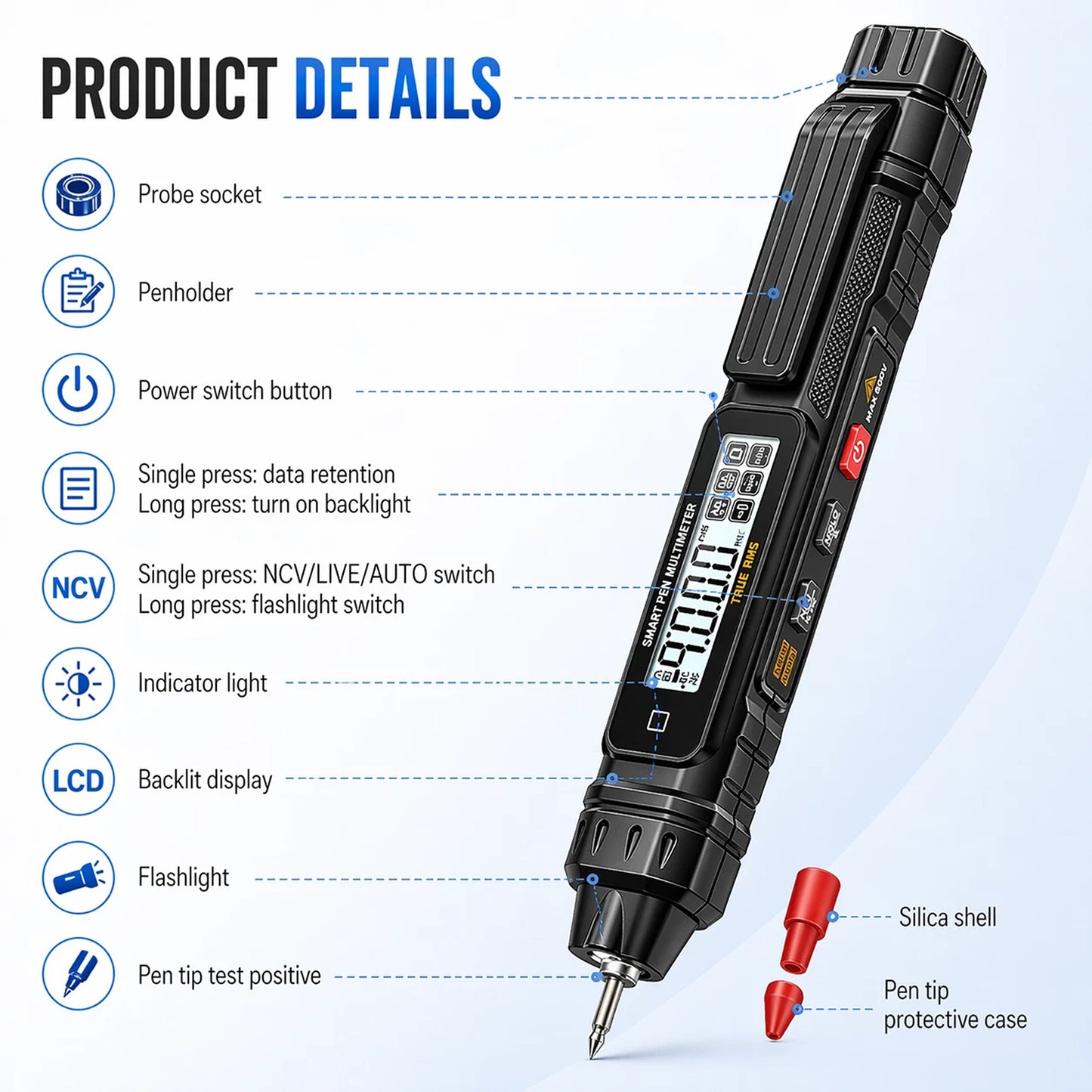 True RMS Pen Multimeter with NCV AC DC Voltage Tester