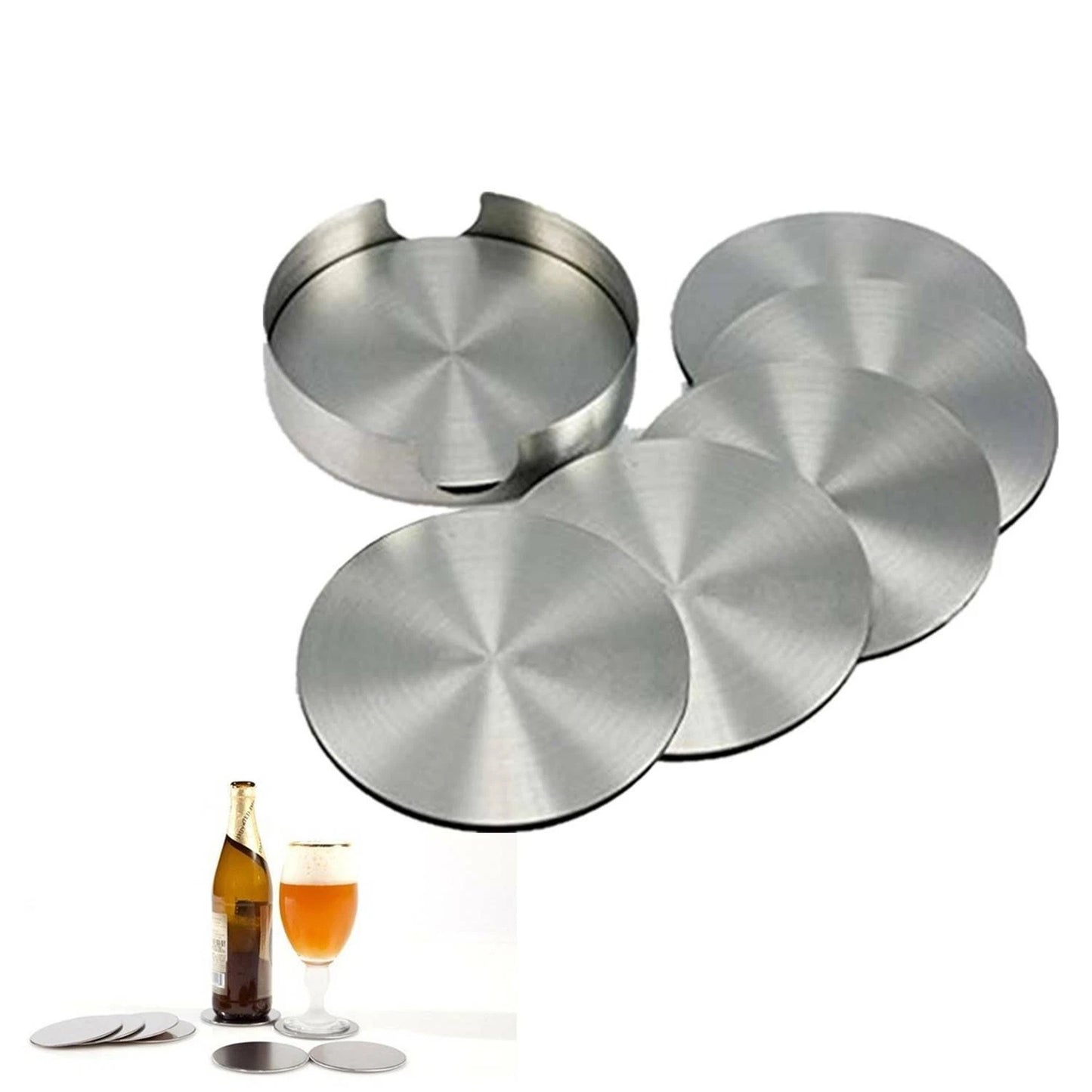 Set of 6 Stainless Steel Coasters Round Modern Drink Holders