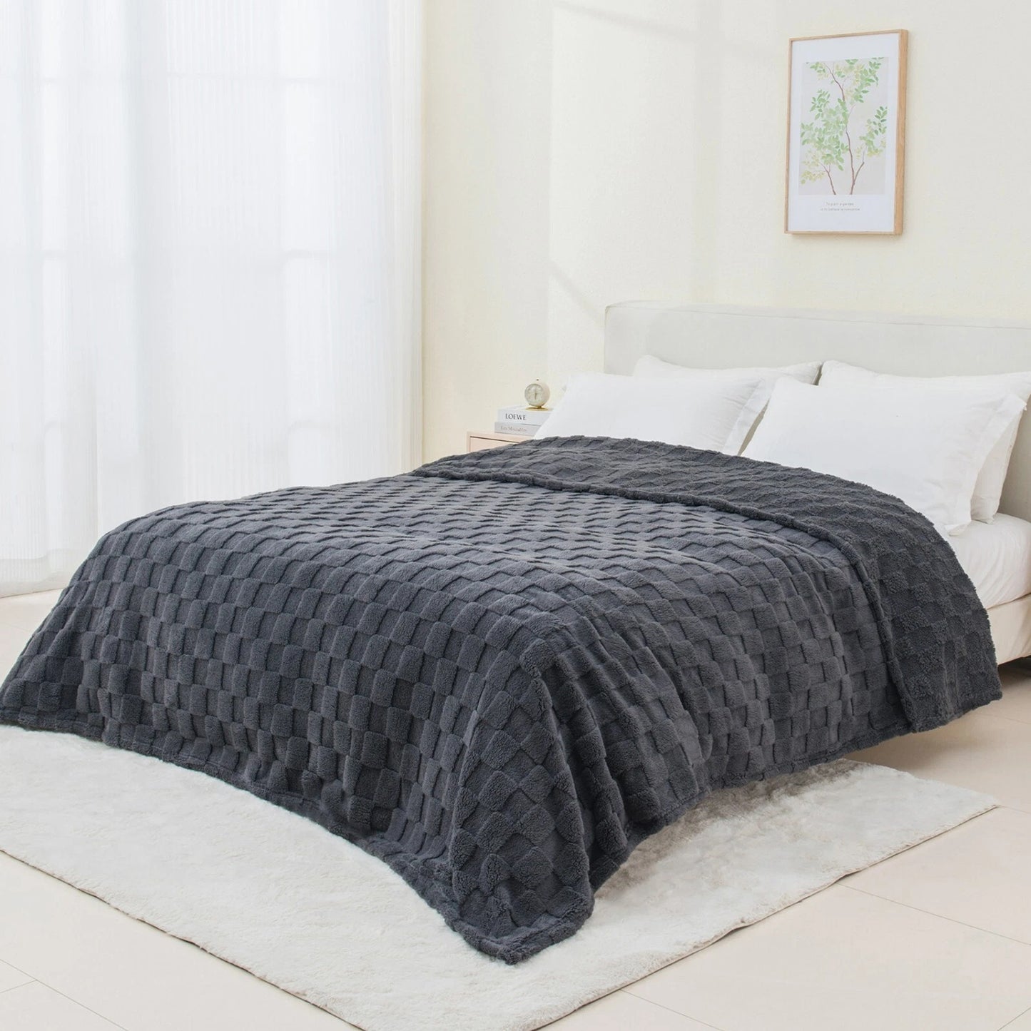 Warm Soft Throw Blanket Plaid Coral Fleece for Couch or Bed - Charcoal