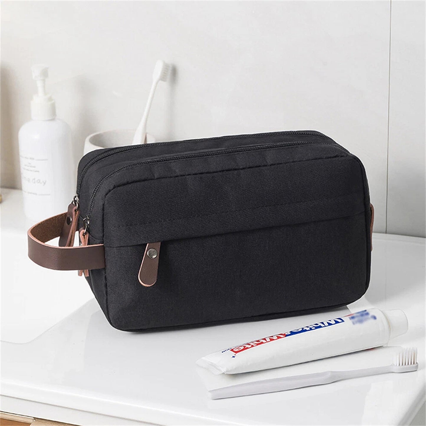 Black Compact Toiletry Bag for Travel and Gym