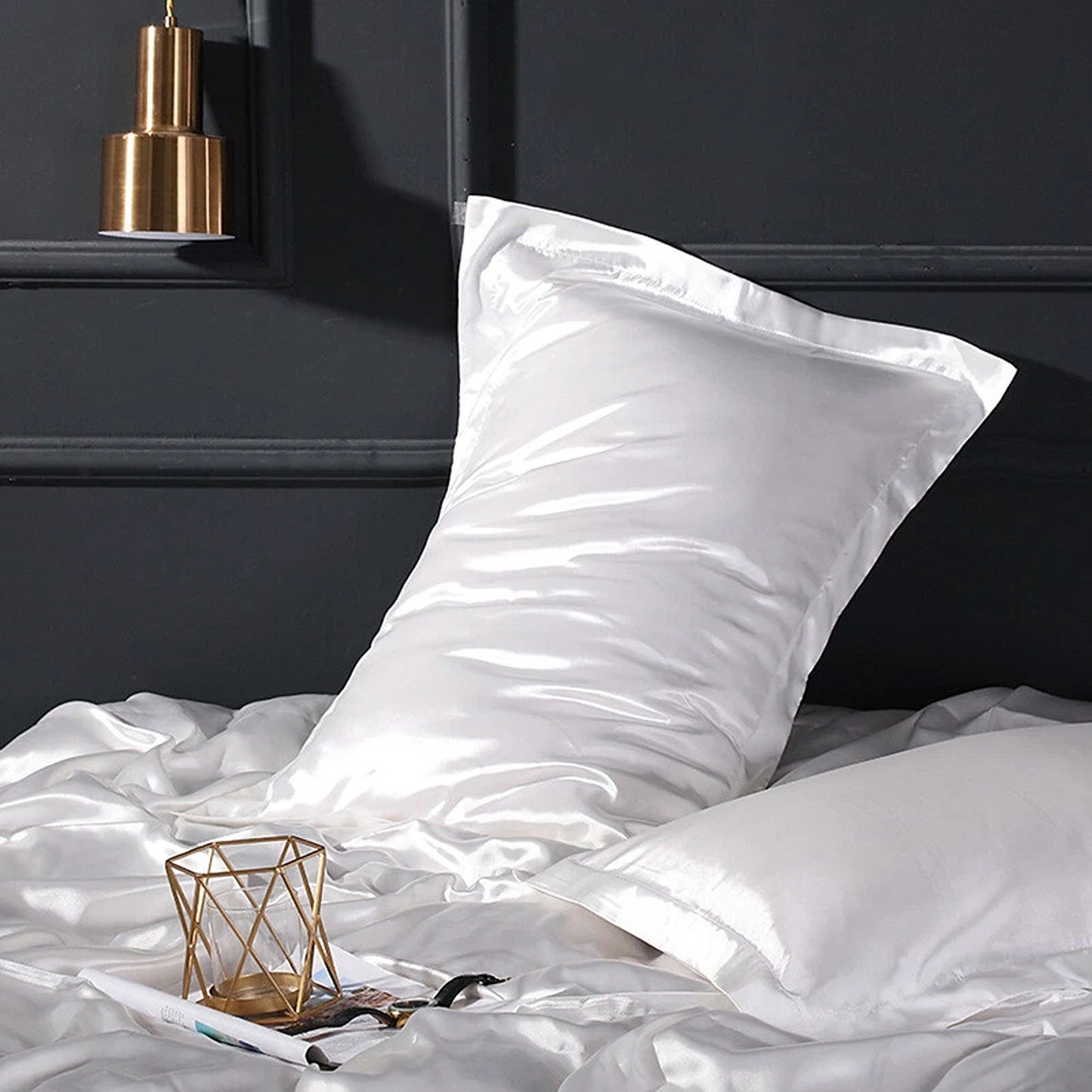 White Silk Satin Pillowcase Set Standard Size 2 Pieces