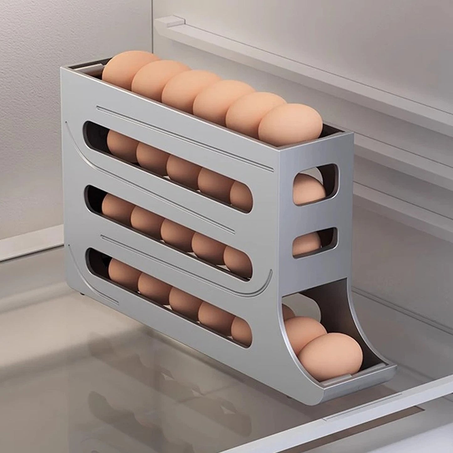 Grey 4-Tier Automatic Egg Dispenser Storage Rack for Refrigerator