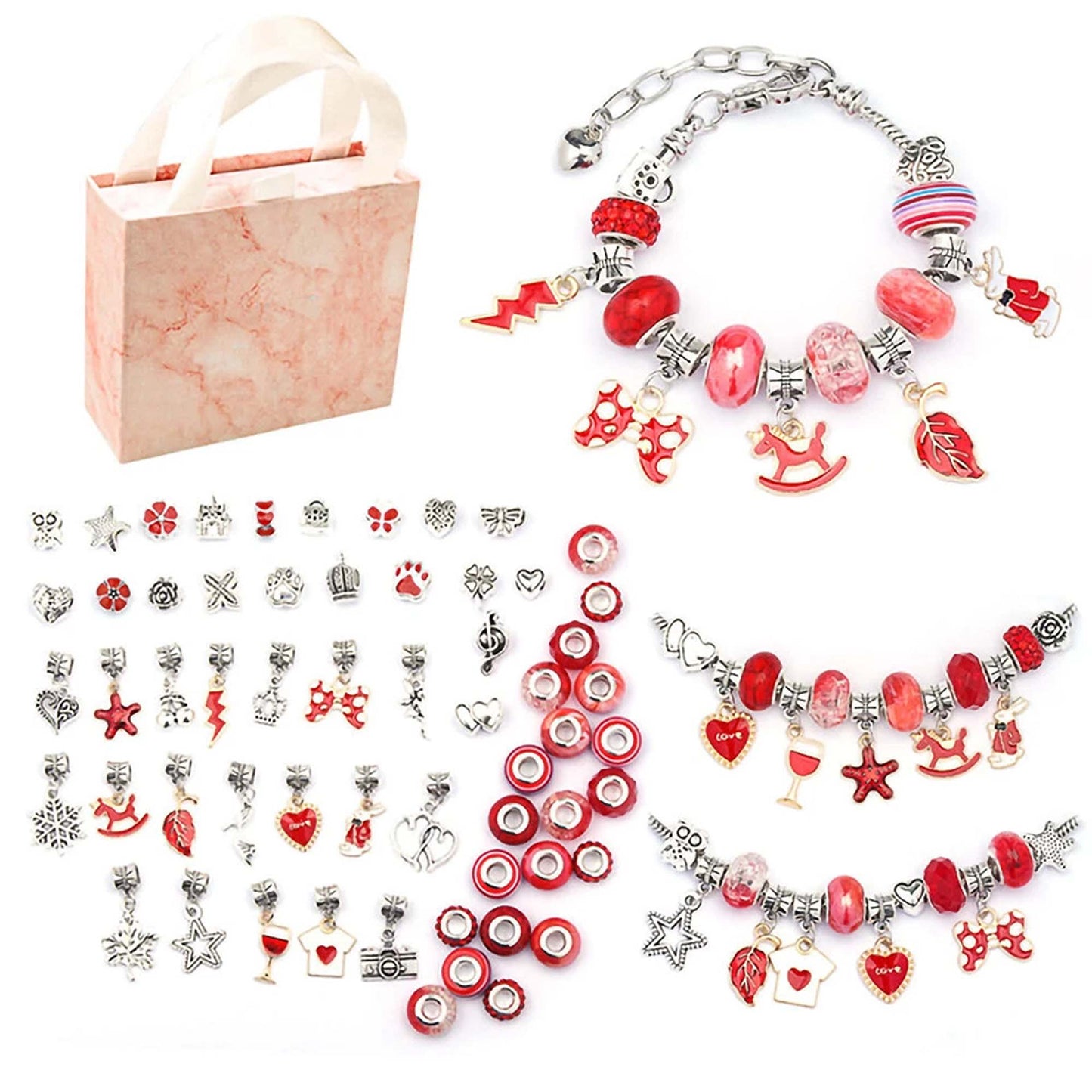 Red DIY Bracelet Making Kit with Beads Charms and Pendants