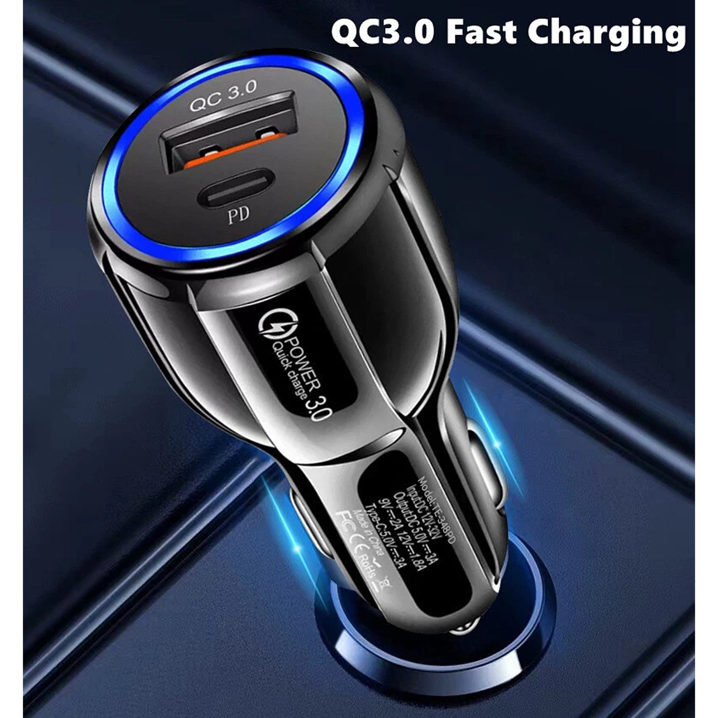 White QC3.0 USB C Dual Port Fast Car Charger Adapter For iPhone Samsung