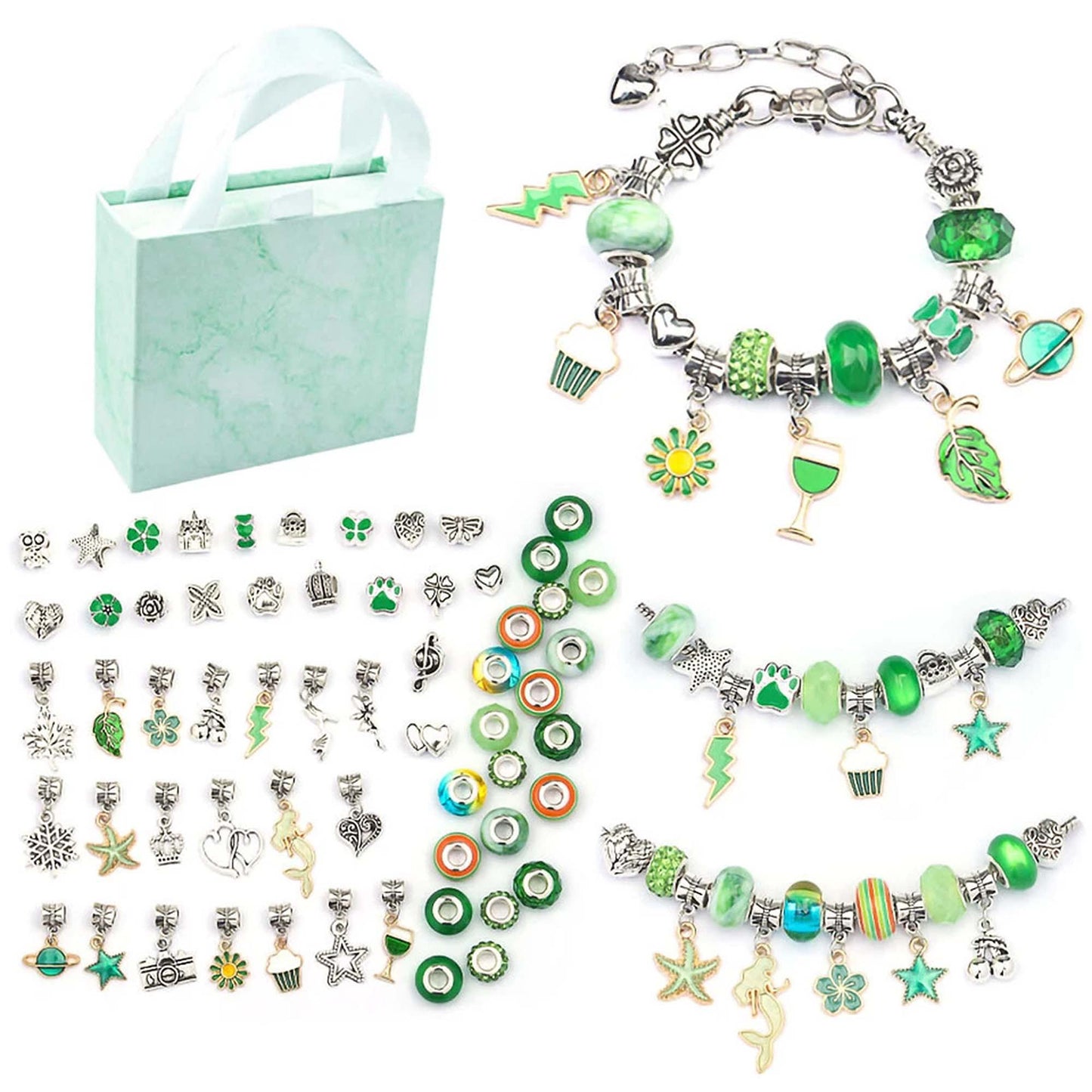 Green DIY Bracelet Making Kit with Beads Charms and Pendants