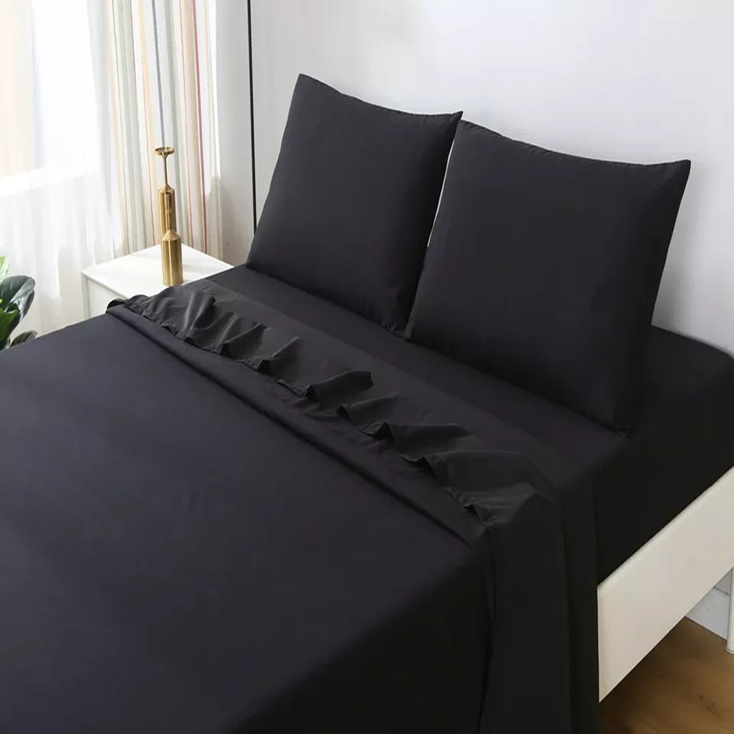 2000TC Flat Fitted Sheet and Pillowcase Set for S KS D Queen King - Black