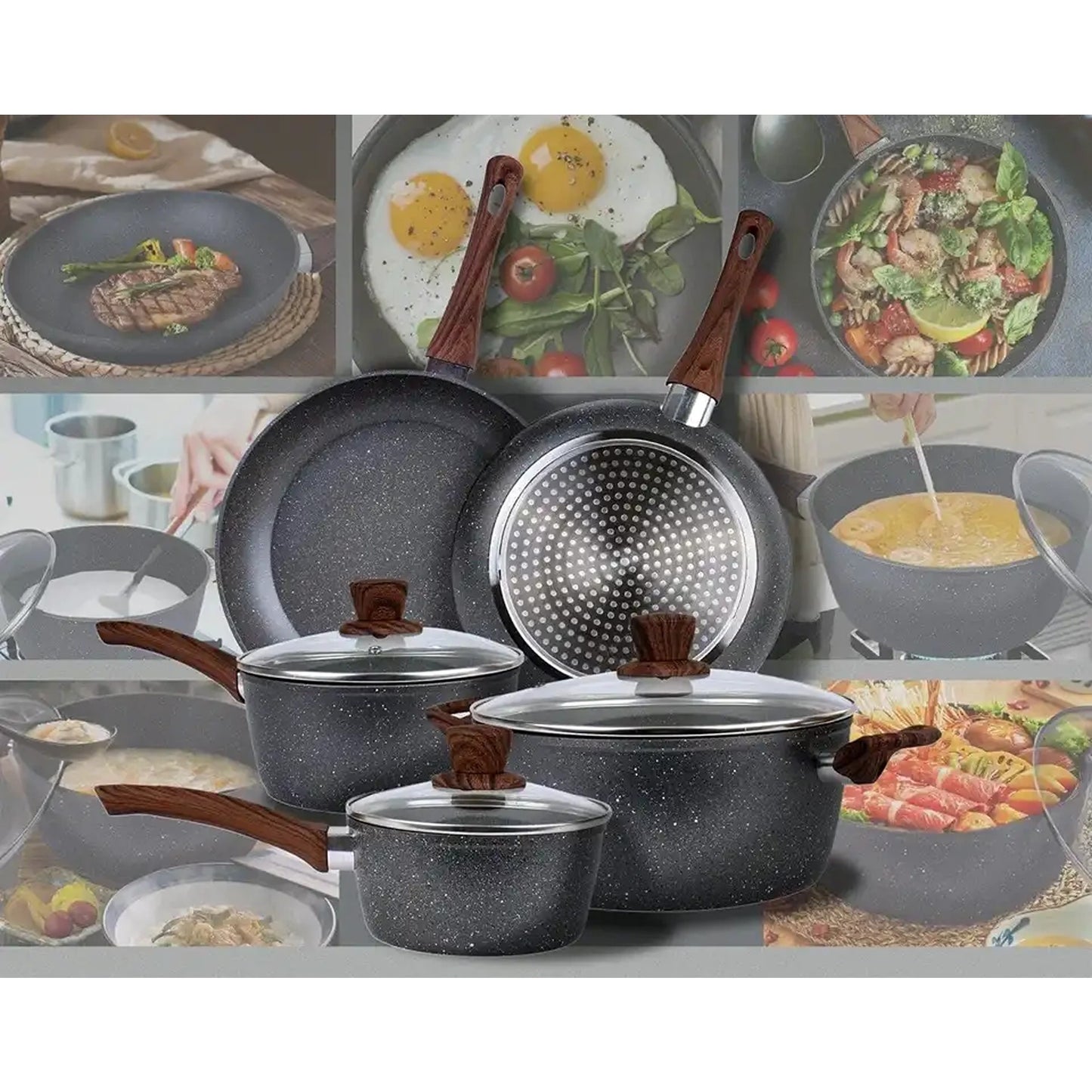 8x Non-stick Frying Pan Cookware Set Frypan Casserole Saucepan Pot Cooking