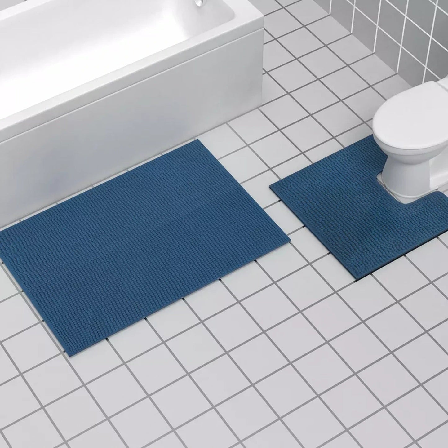 Indigo Blue Soft Chenille Bathroom and Toilet Floor Mat Set 2 Pieces
