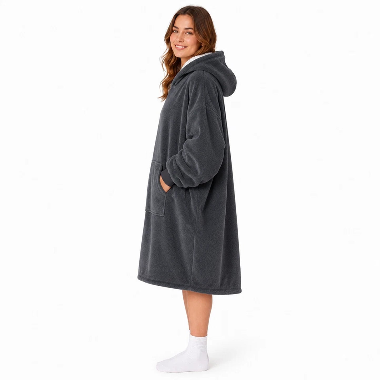 Plain Grey Hooded Blanket Oversized Soft Fleece Wearable Hoodie One Size