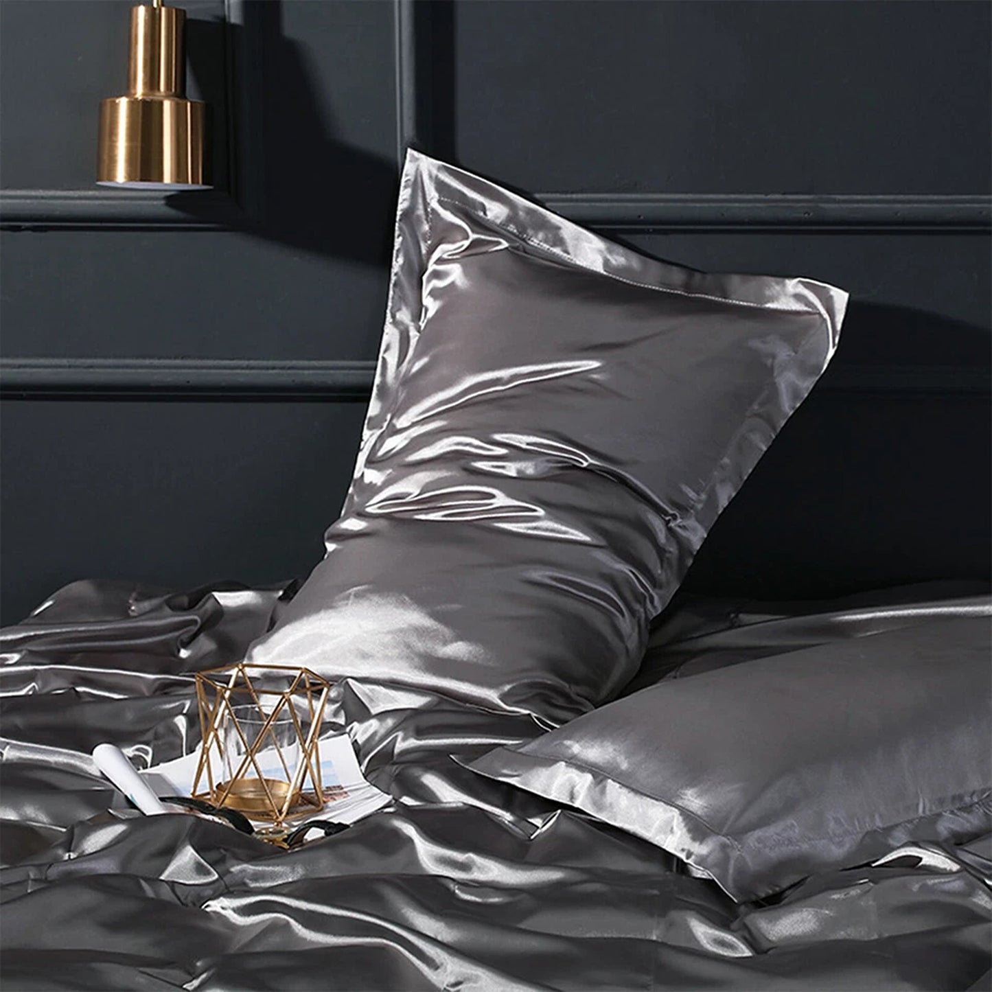 Grey Silk Satin Pillowcase Set Standard Size 2 Pieces