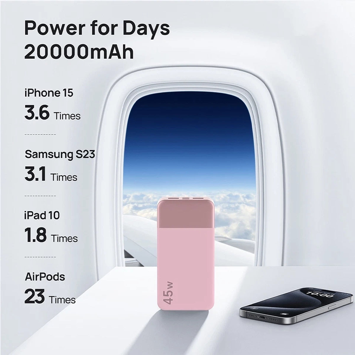 20000mAh 45W Fast Charging Power Bank Portable Battery Backup for Phones - Pink