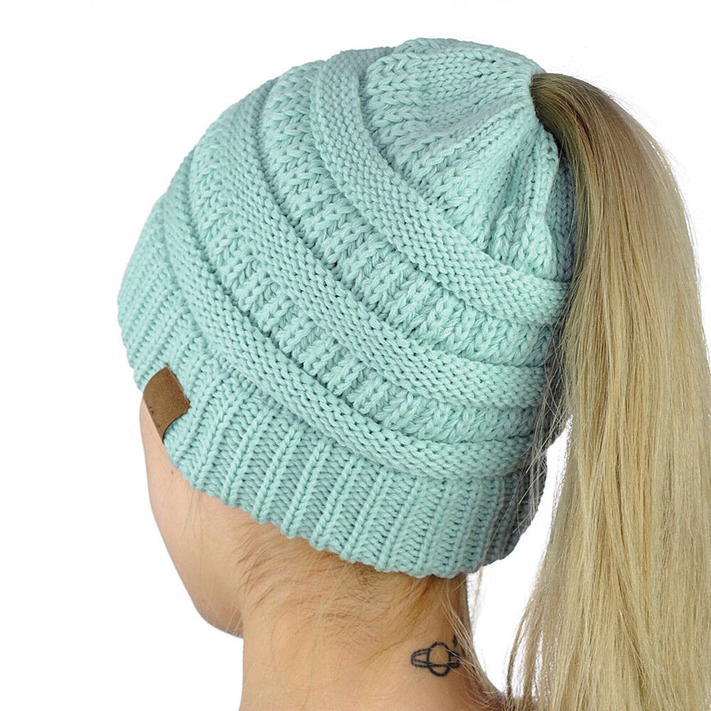 Ponytail Beanie Winter Stretch Cable Knit Hat - Sky Blue