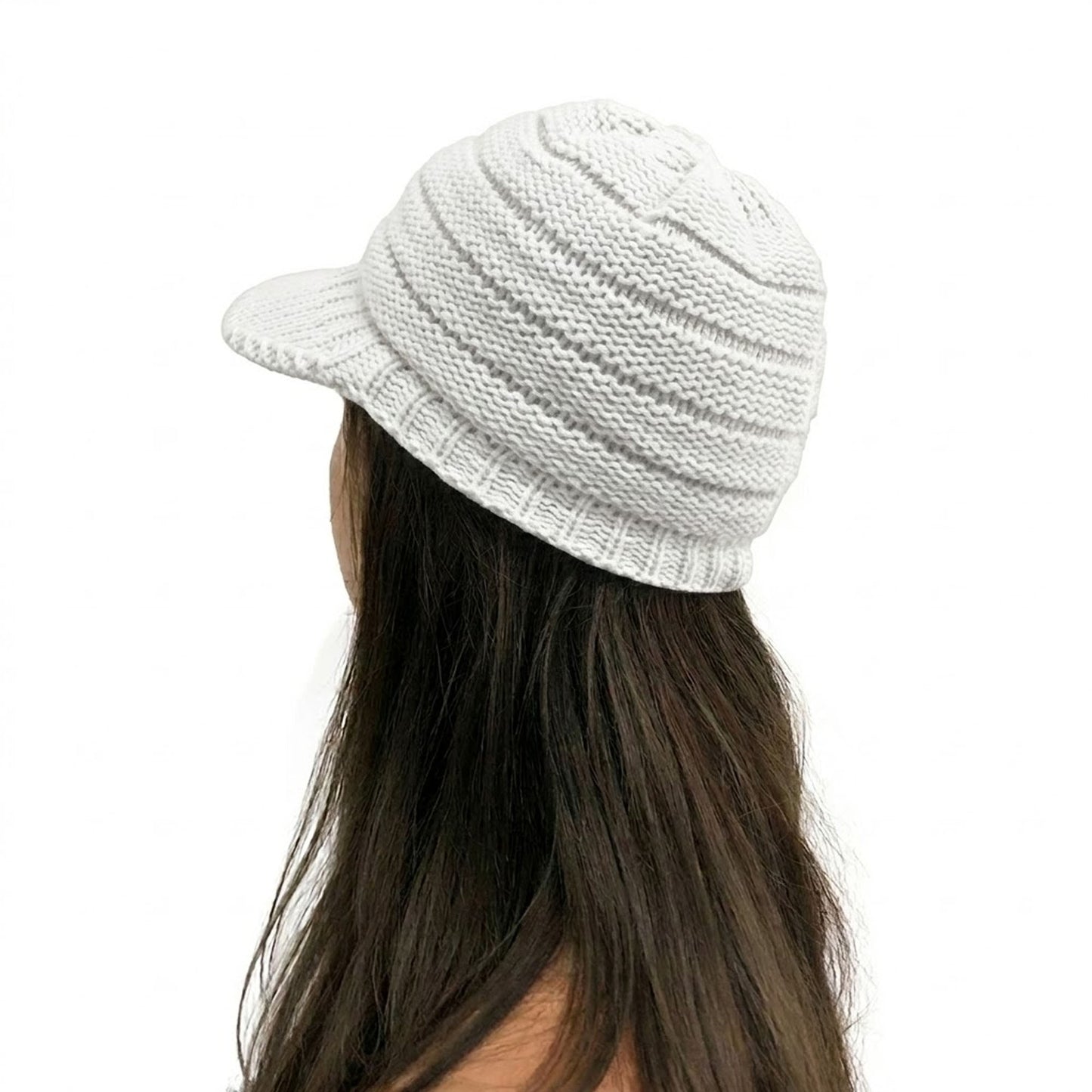 White Womens Thick Knitted Beanie Hat with Visor for Winter
