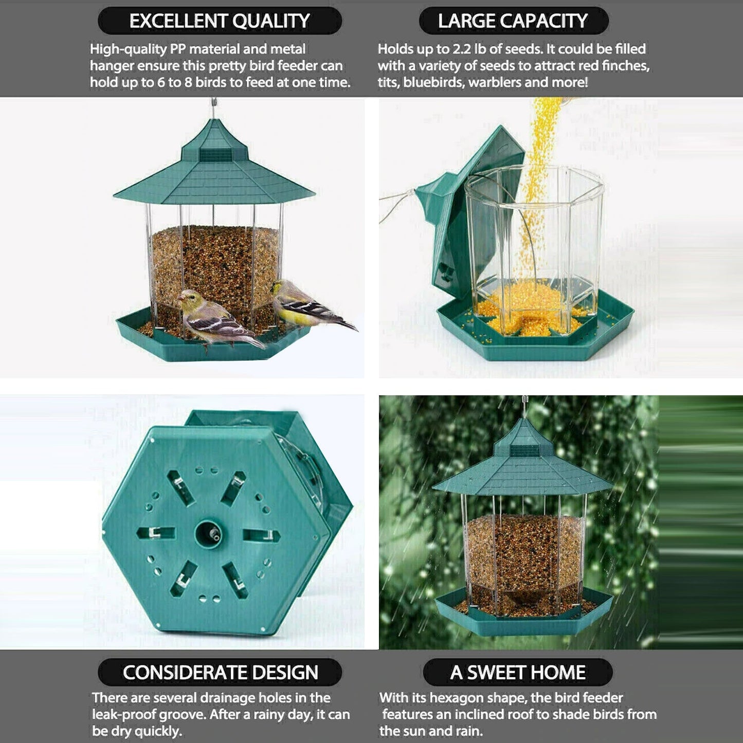 Green Waterproof Outdoor Garden Hanging Bird Seed Container Feeder