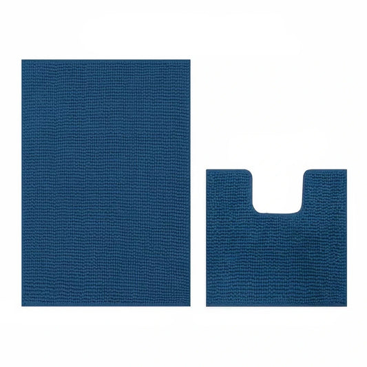 Indigo Blue Soft Chenille Bathroom and Toilet Floor Mat Set 2 Pieces