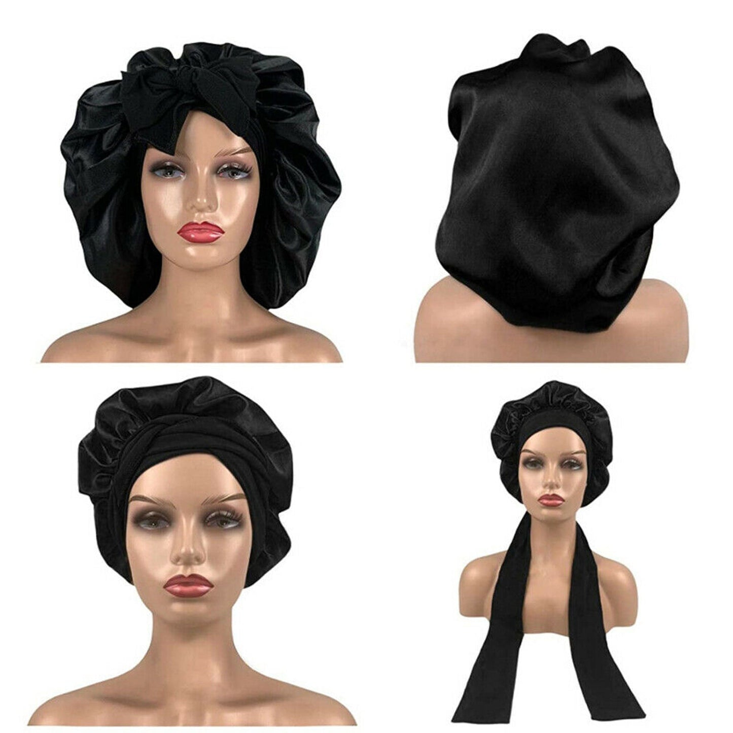 Silk Satin Sleeping Bonnet Hair Wrap Soft Headwear - Black