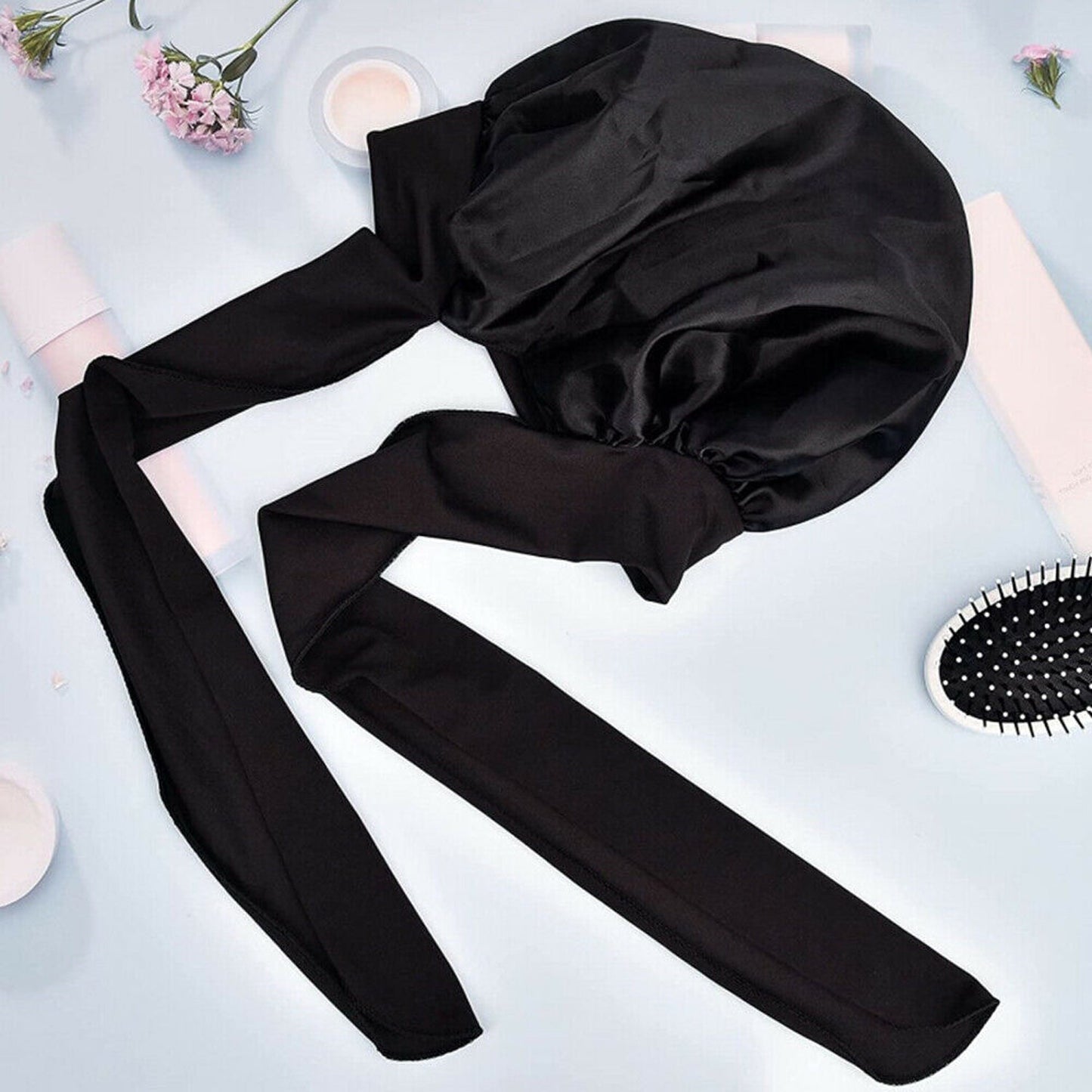 Silk Satin Sleeping Bonnet Hair Wrap Soft Headwear - Black