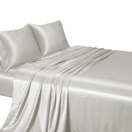 Cooling Silk Satin Flat Fitted Sheet Bed Set - White