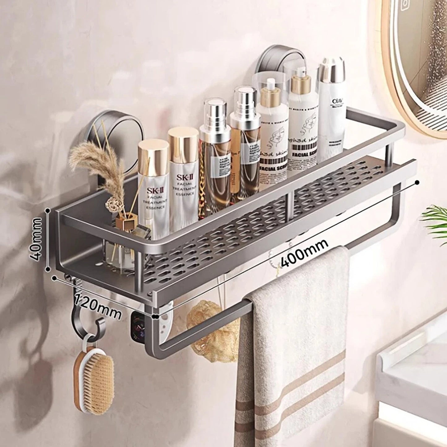 Aluminum Wall Rack Suction Cup Shower Caddy Bathroom Shelf Organiser