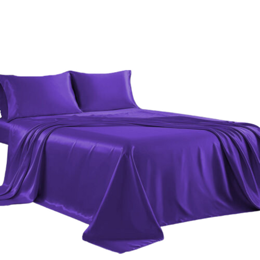 Cooling Silk Satin Flat Fitted Sheet Bed Set - Purple