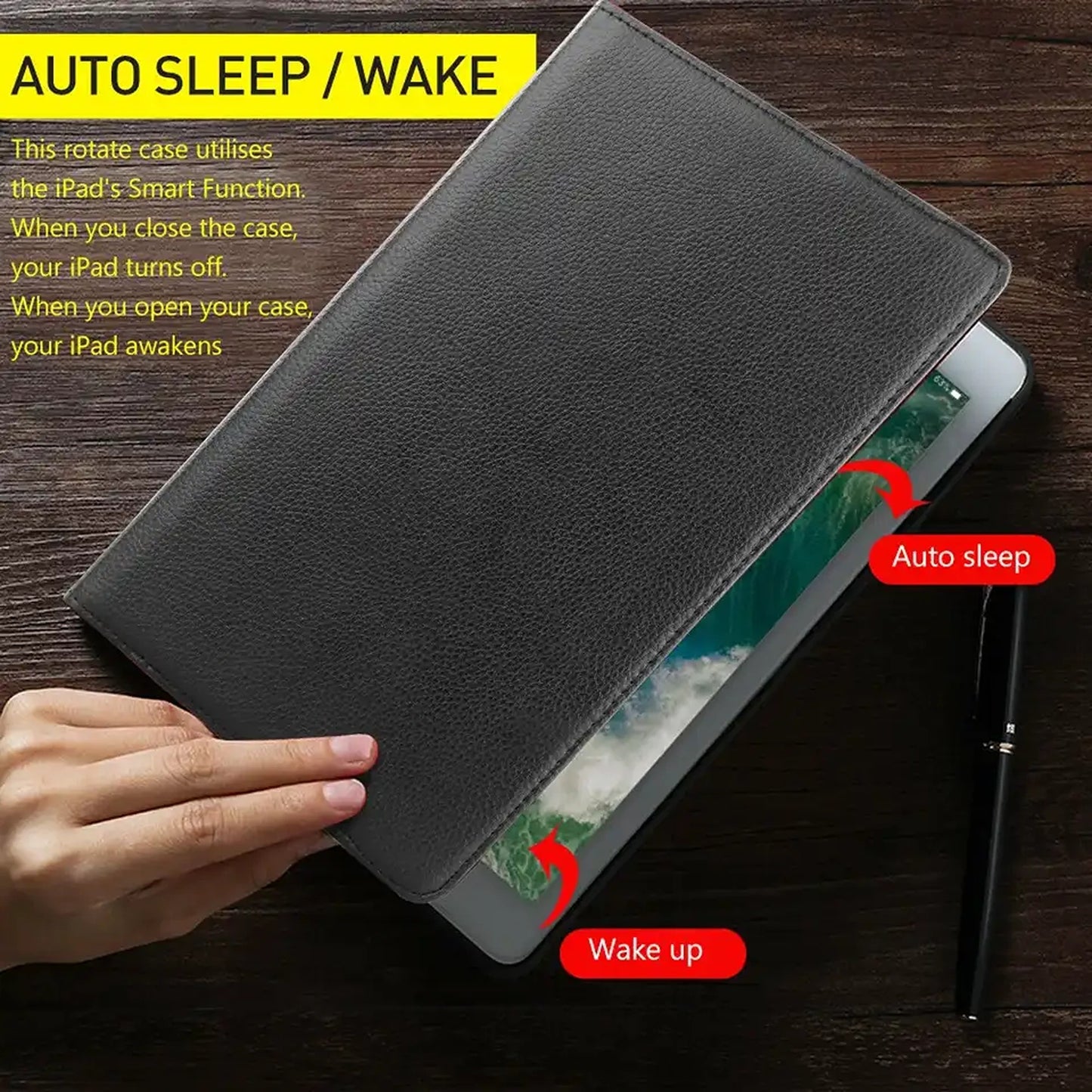 For iPad Black Leather Case Cover