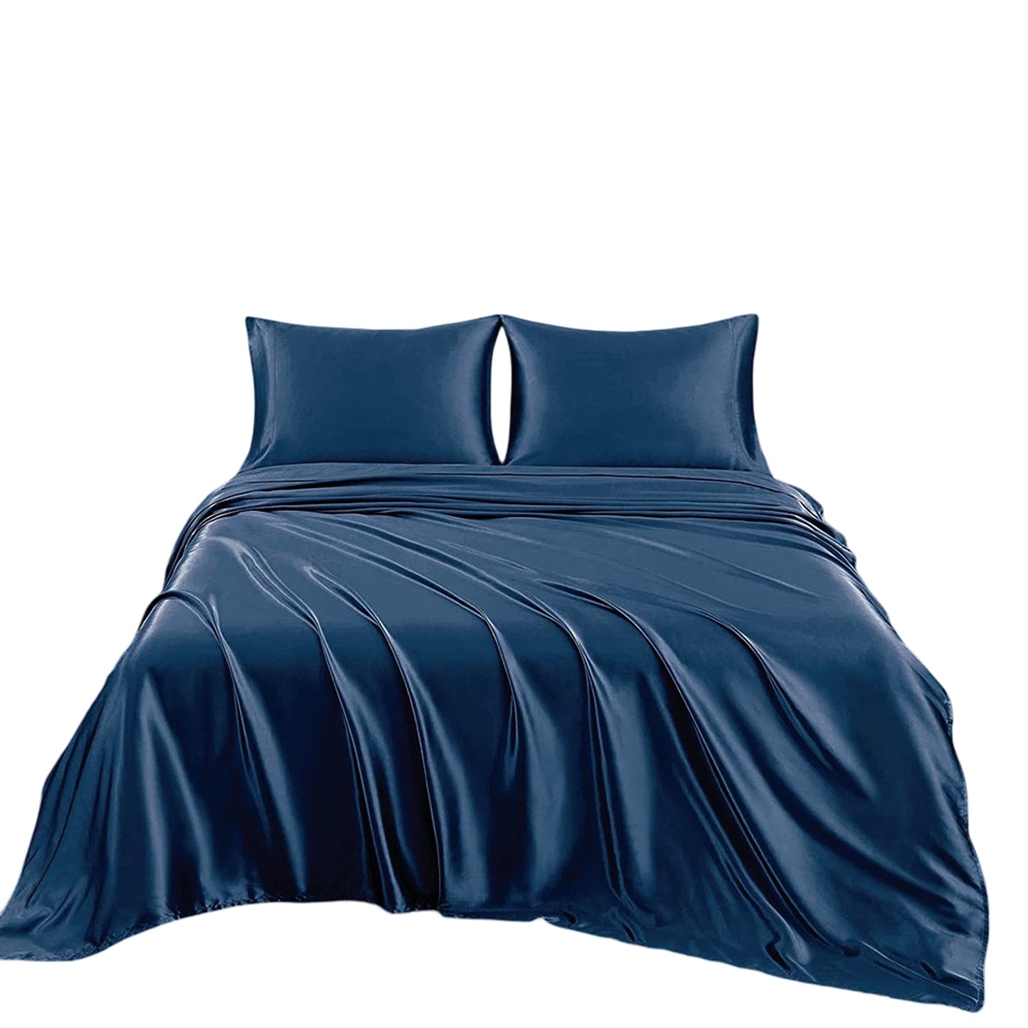 Cooling Silk Satin Flat Fitted Sheet Bed Set - Navy Blue