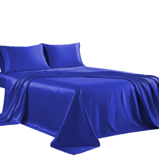Cooling Silk Satin Flat Fitted Sheet Bed Set - Royal Blue