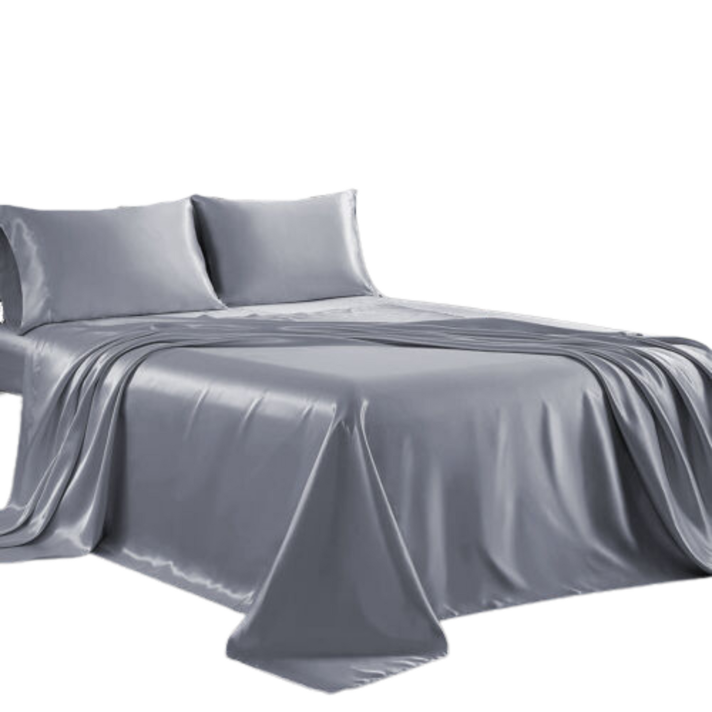 Cooling Silk Satin Flat Fitted Sheet Bed Set - Gray