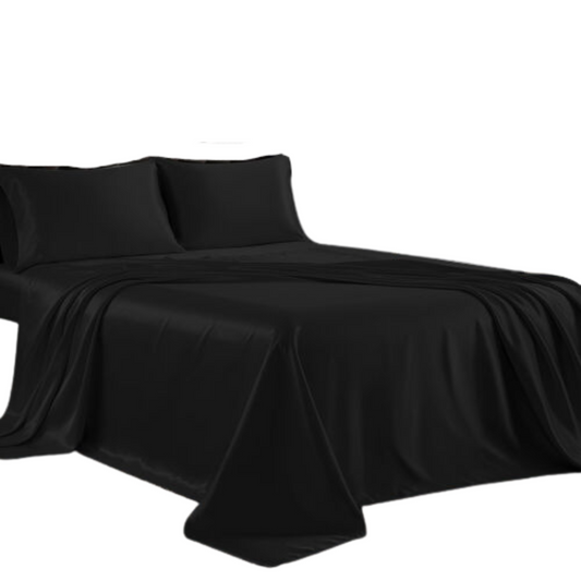 Cooling Silk Satin Flat Fitted Sheet Bed Set - Black