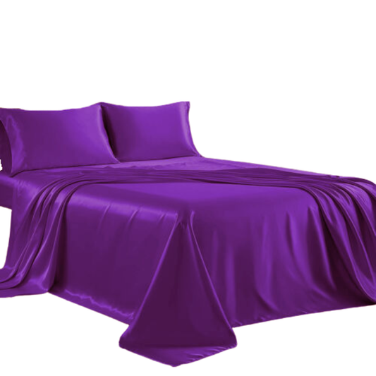 Cooling Silk Satin Flat Fitted Sheet Bed Set - Purple