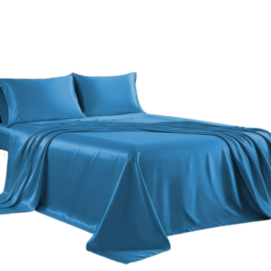Cooling Silk Satin Flat Fitted Sheet Bed Set - Ocean