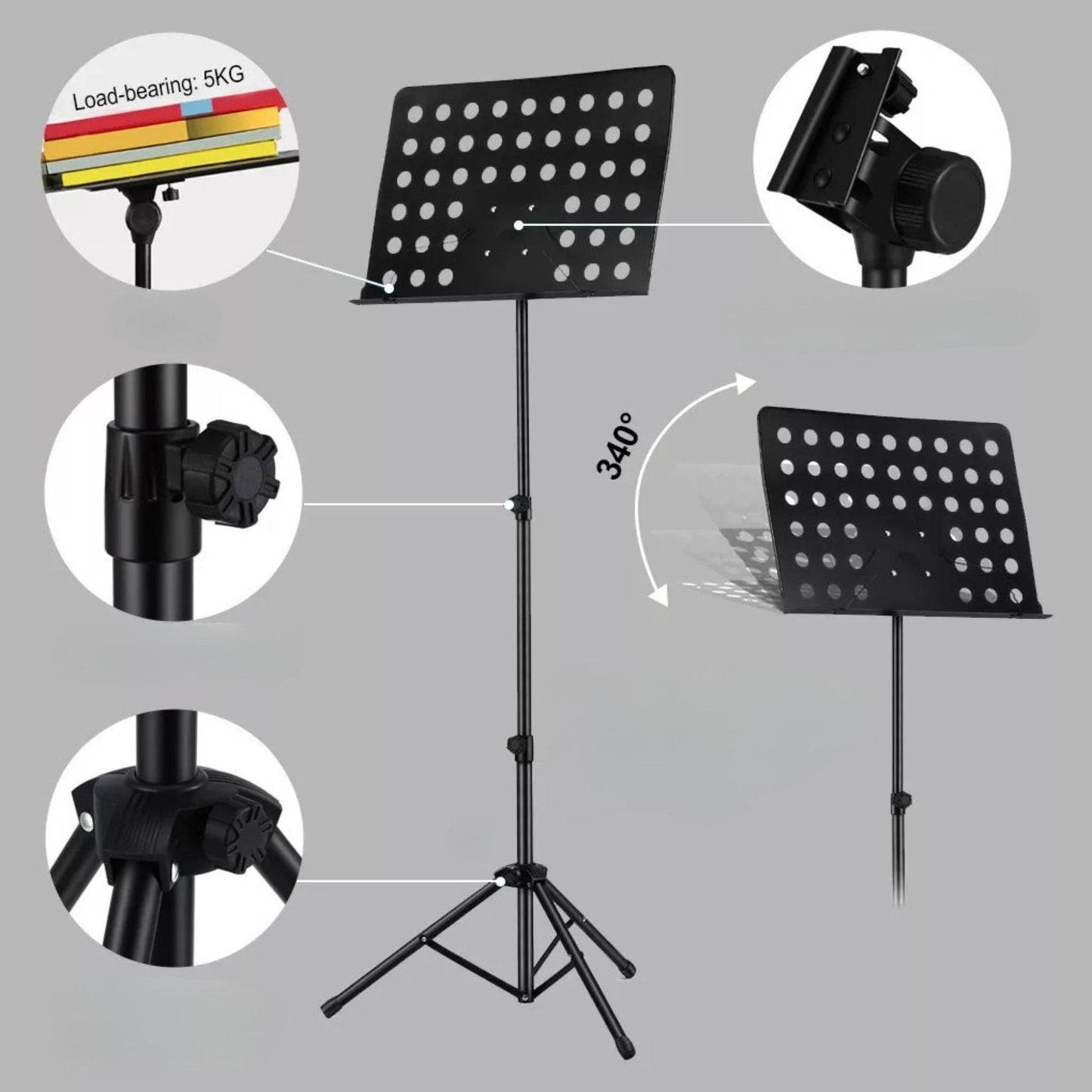 Adjustable Folding Music Sheet Stand Heavy Duty Professional Stage Black Large