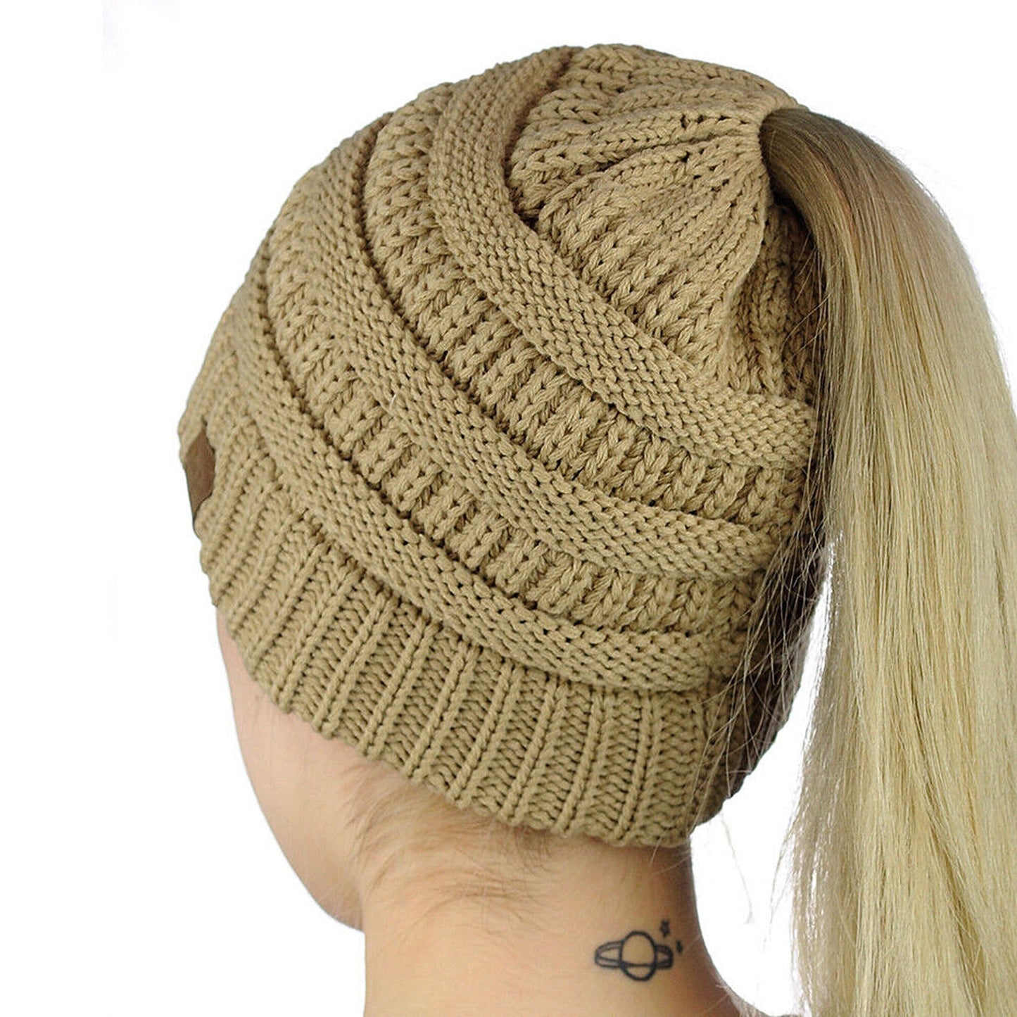 Ponytail Beanie Winter Stretch Cable Knit Hat - Beige